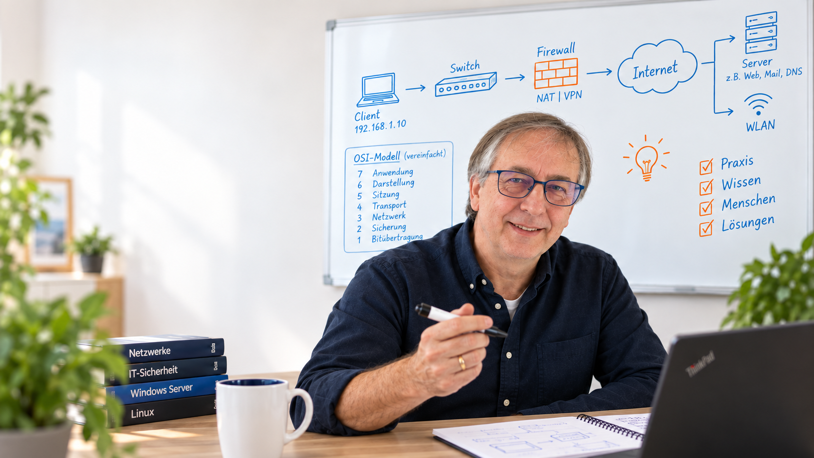 Lutz Galling mit einem Stift vor einem Whiteboard mit einer gezeichneten Netzwerkübersicht, umgeben von grünen Pflanzen